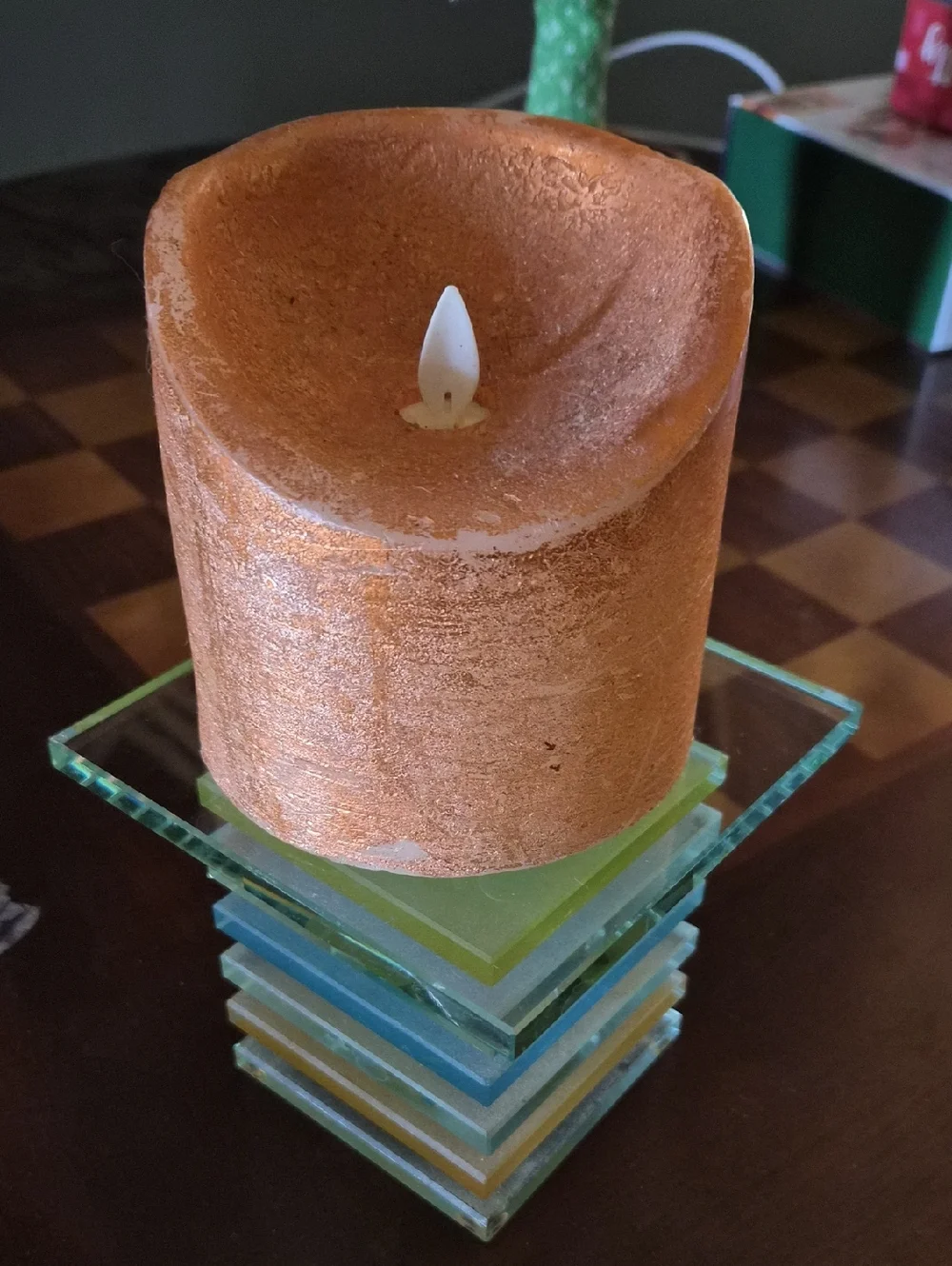 PartyLite Orange LED Pillar Candle on Stacked Glass Accent Stand - Picture 2 of 4